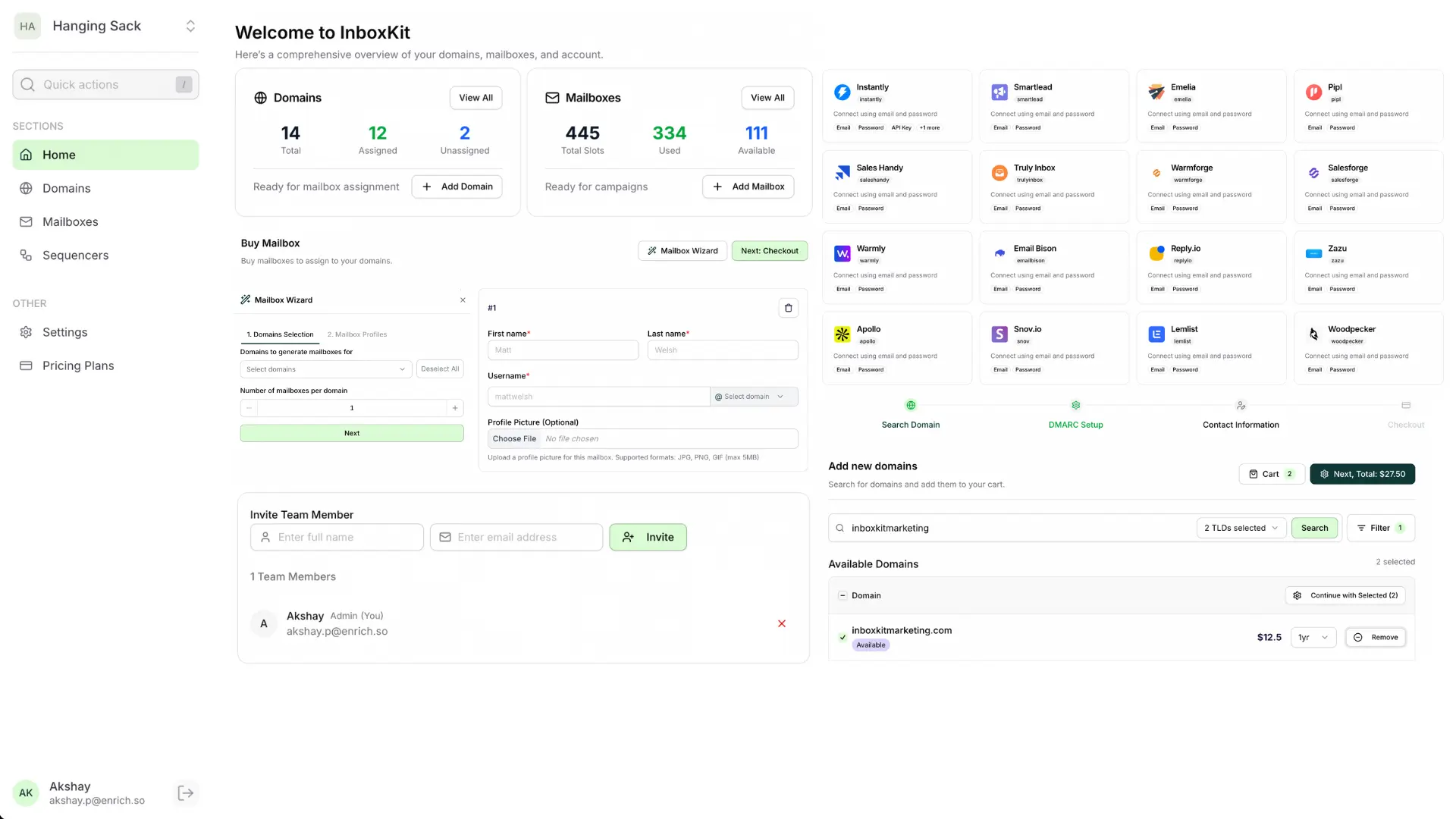 InboxKit email deliverability dashboard showing 95% inbox placement rate, real-time analytics, and multi-client management interface