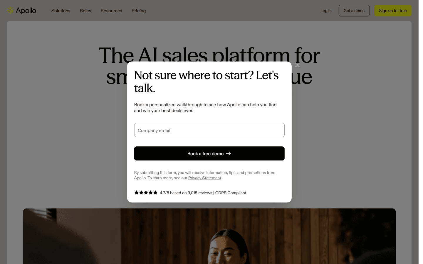Apollo.io homepage advertising an AI sales platform for outbound, inbound and automation