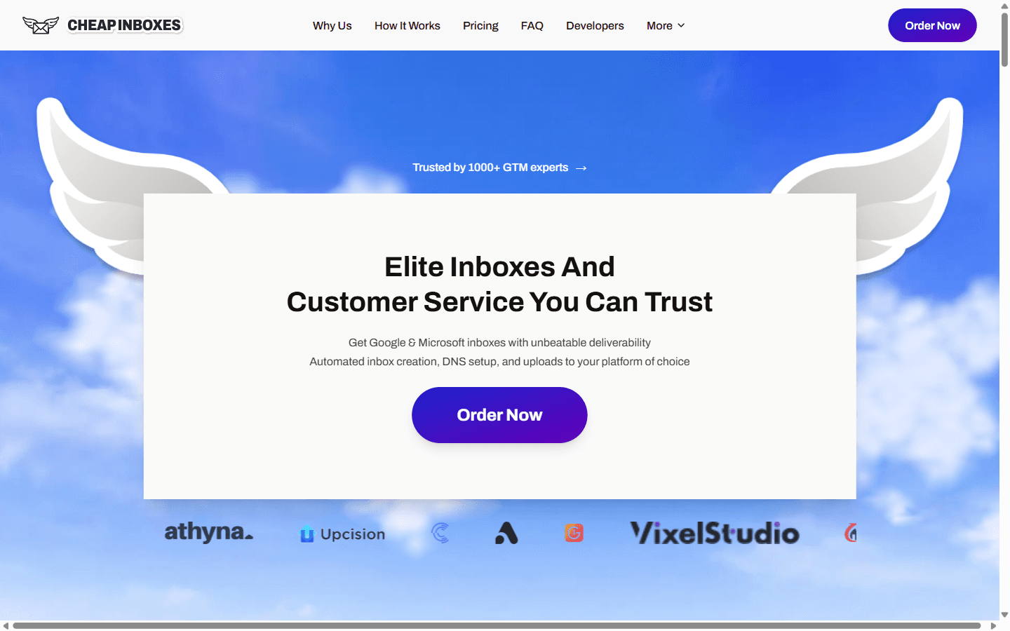 CheapInboxes homepage showing bulk Google Workspace and Microsoft 365 mailbox pricing