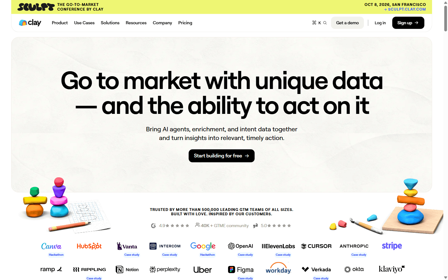 Clay homepage positioning the product as a go-to-market data platform with unique data and the ability to act on it
