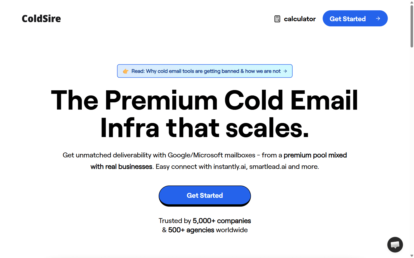 ColdSire homepage describing the premium email infrastructure built on a mixed pool of real businesses