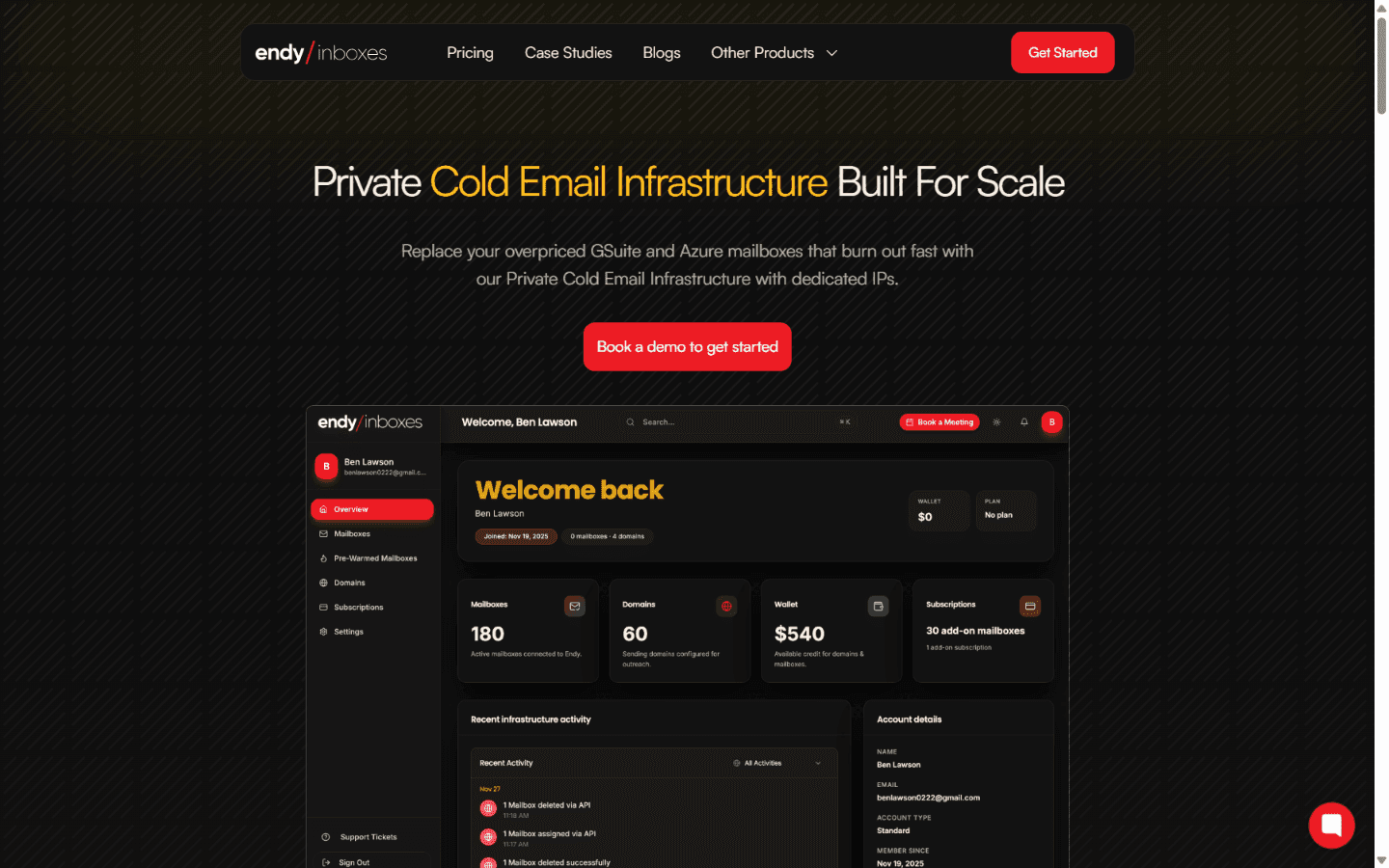 Endy Inboxes homepage advertising private email infrastructure built for scale with dedicated IPs