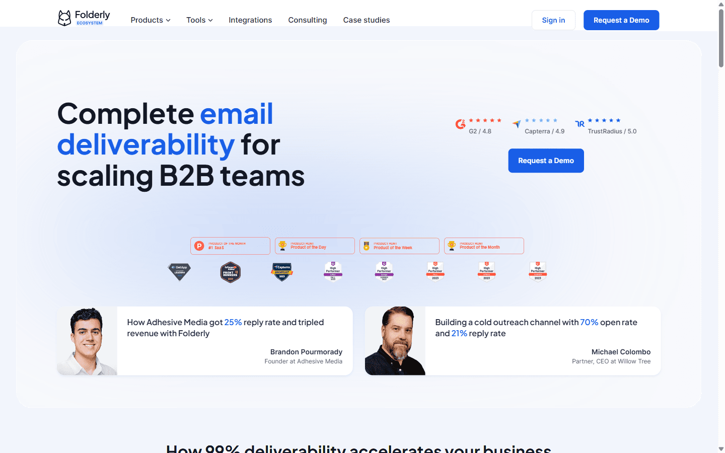 Folderly homepage as an email deliverability platform for outbound teams