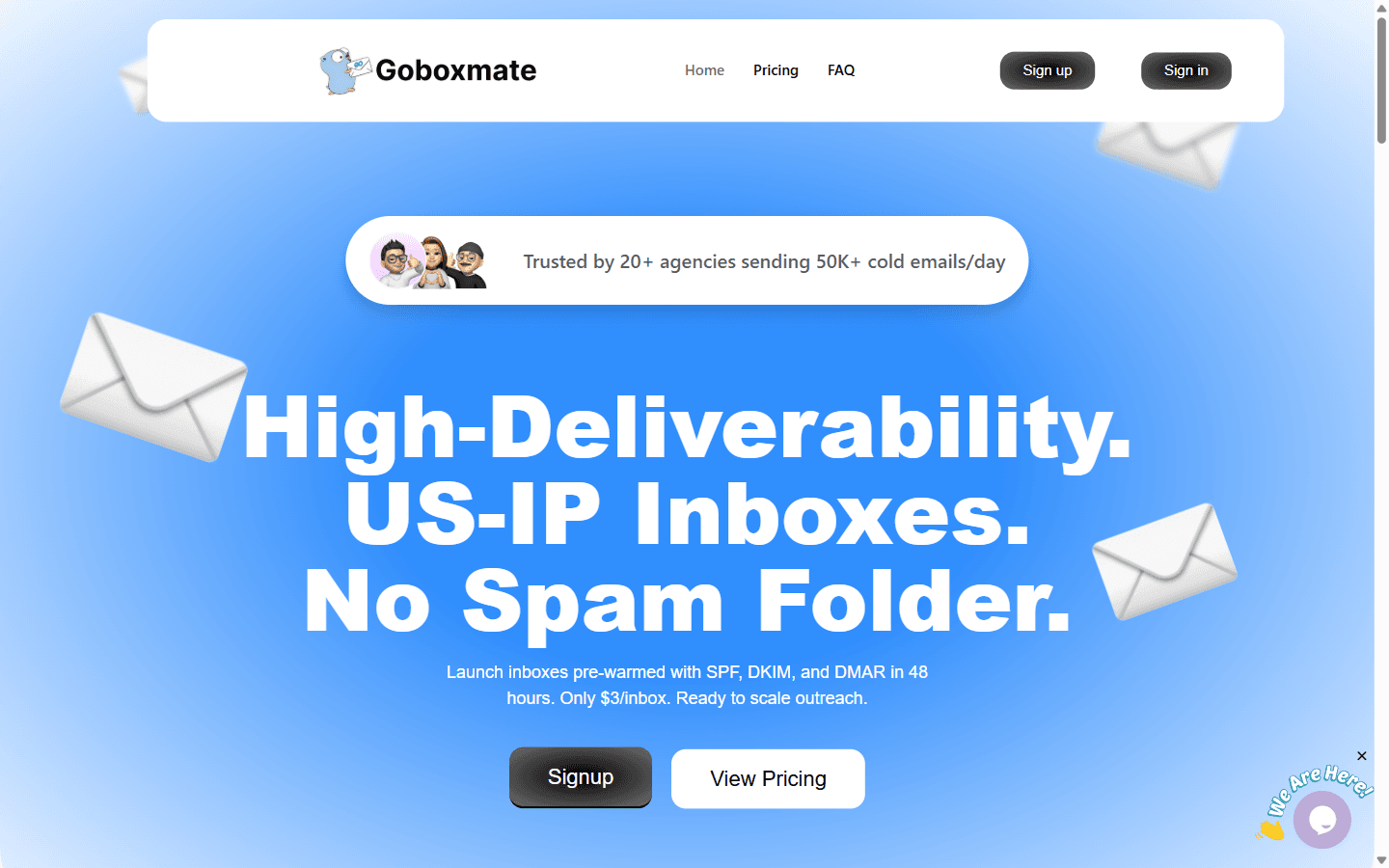 GoBoxMate homepage advertising done-for-you Google Workspace inboxes delivered in 48 hours on US and EU IPs