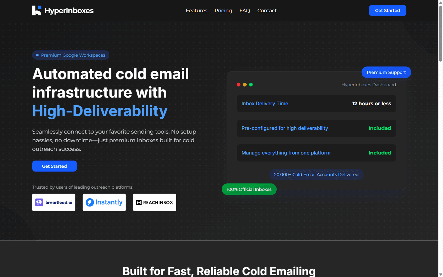 HyperInboxes homepage advertising premium Google mailboxes with 12-hour setup and free replacements, currently not accepting new purchases