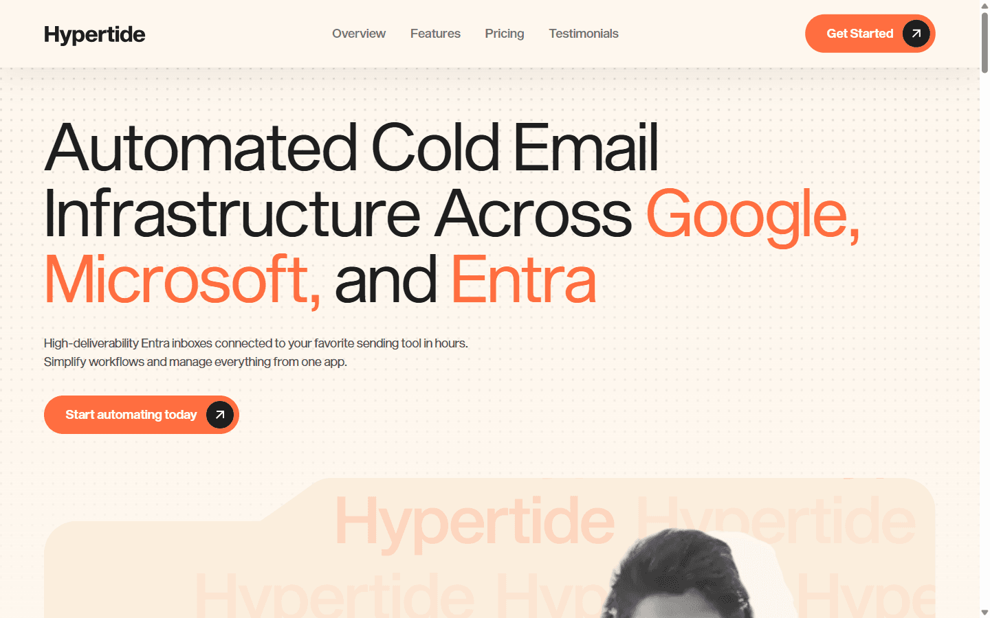HyperTide homepage showing automated email infrastructure across Google, Microsoft, and Entra