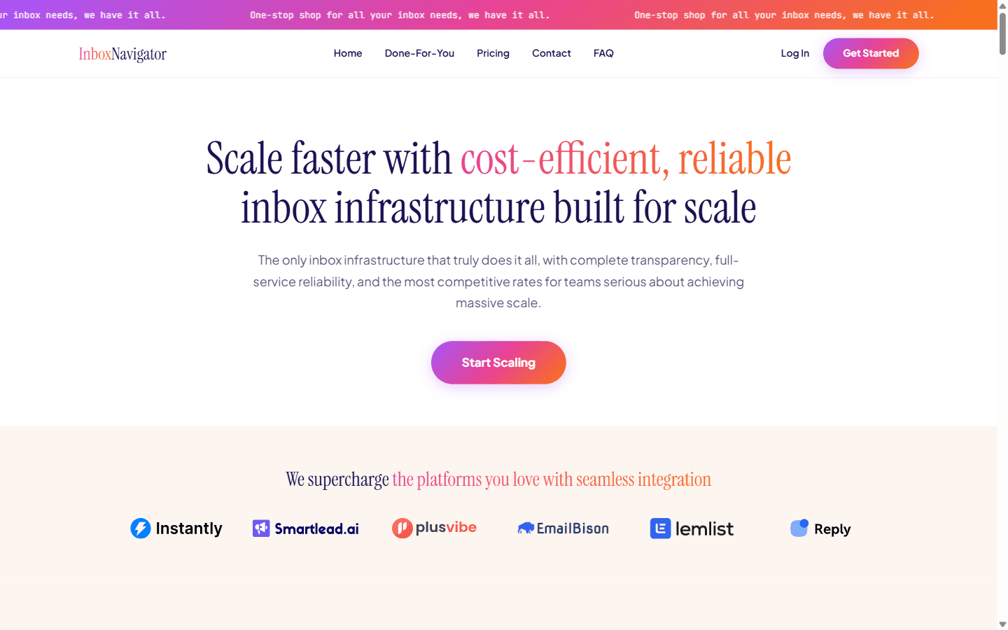 InboxNavigator homepage advertising managed Google Workspace and Outlook inboxes with dedicated US IPs and transparent pricing