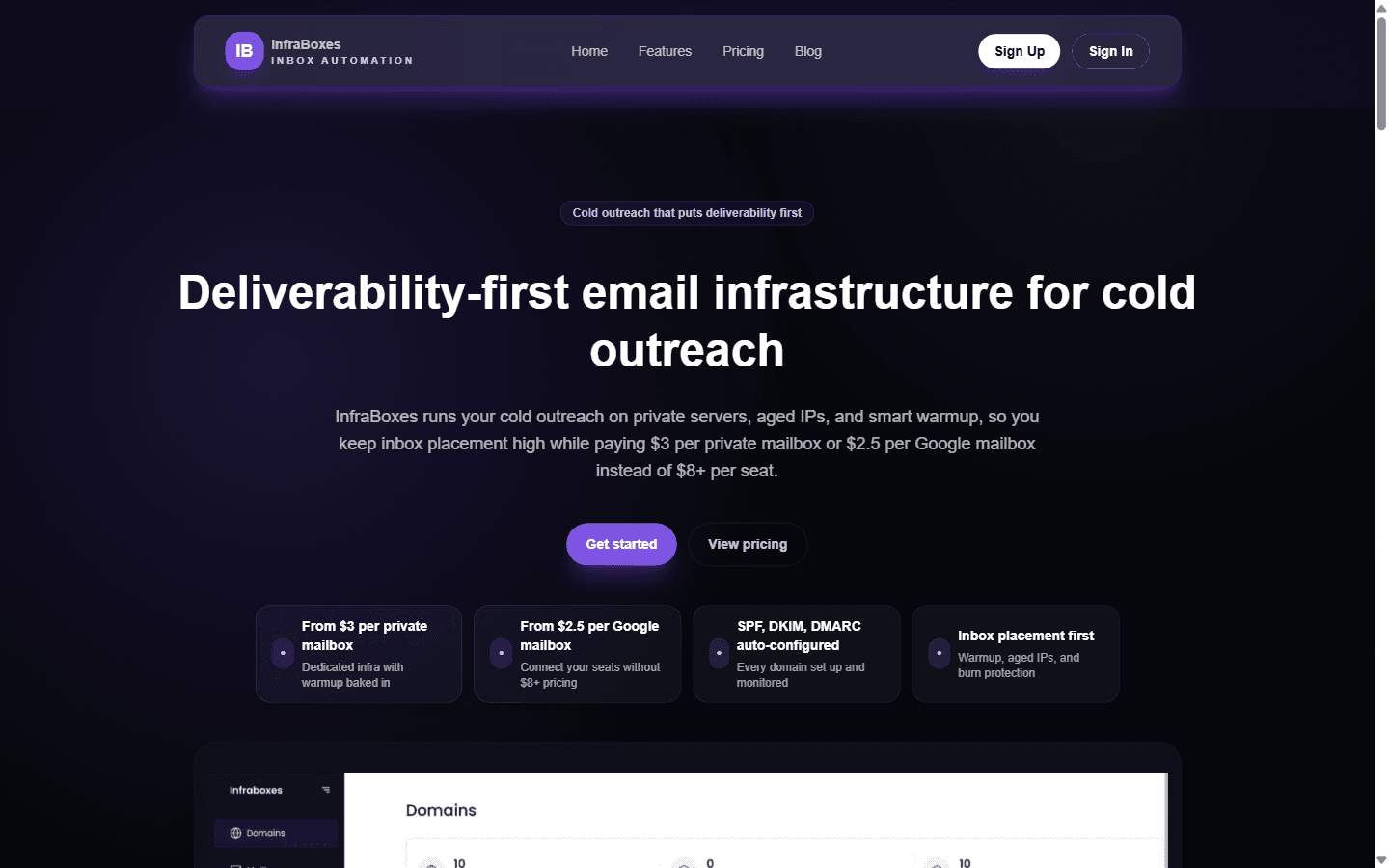 InfraBoxes homepage advertising deliverability-first email infrastructure on private servers and aged IPs