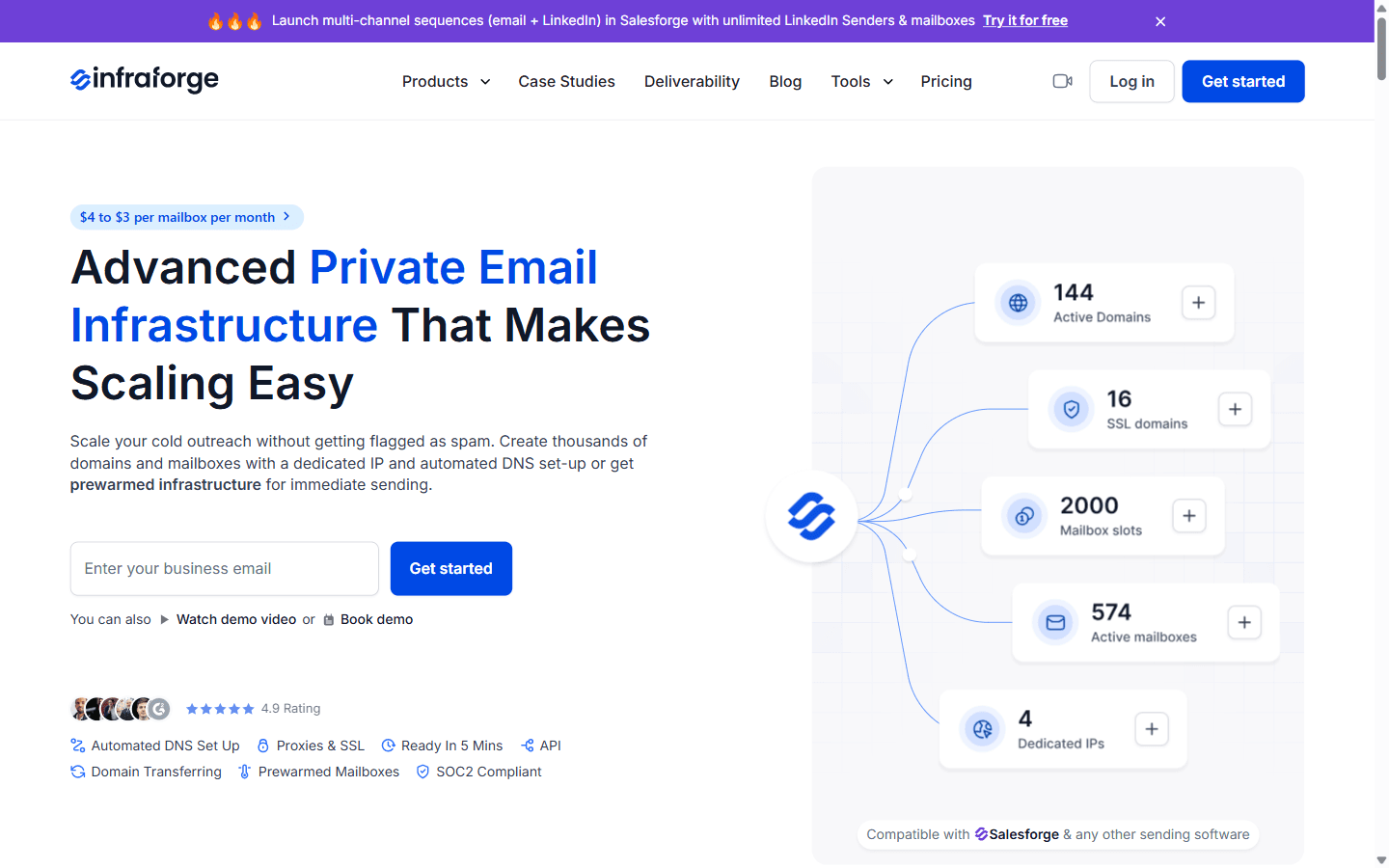 InfraForge homepage showing private email infrastructure and dedicated IP options