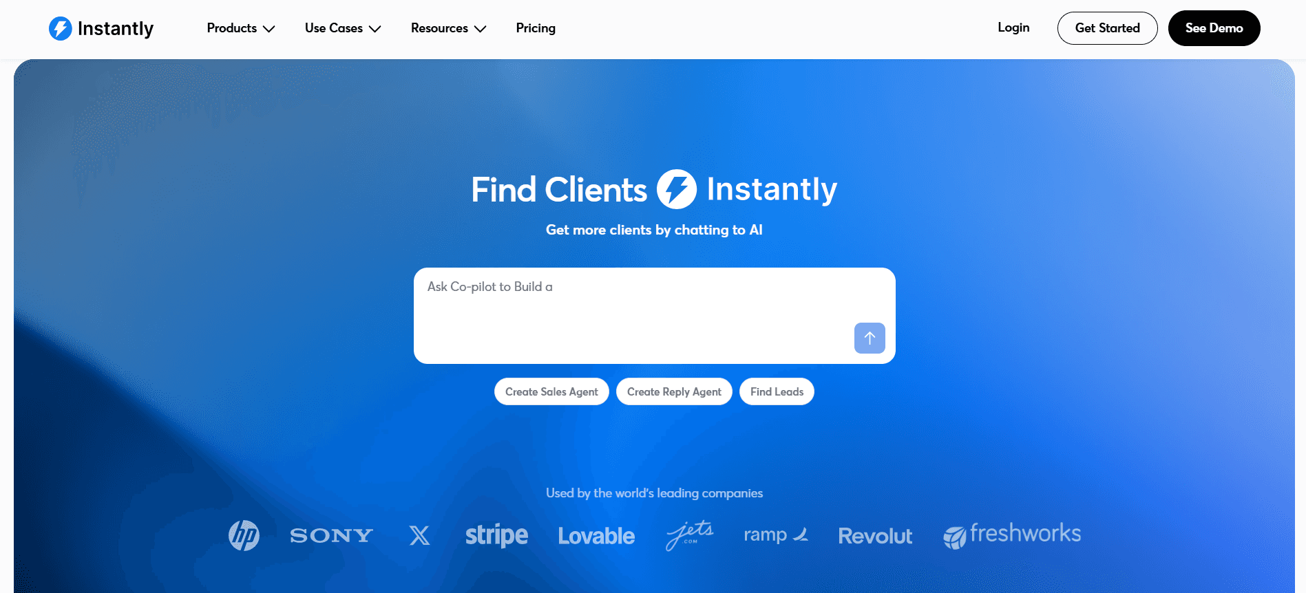 Instantly homepage showing the sales engagement platform and DFY mailbox offering