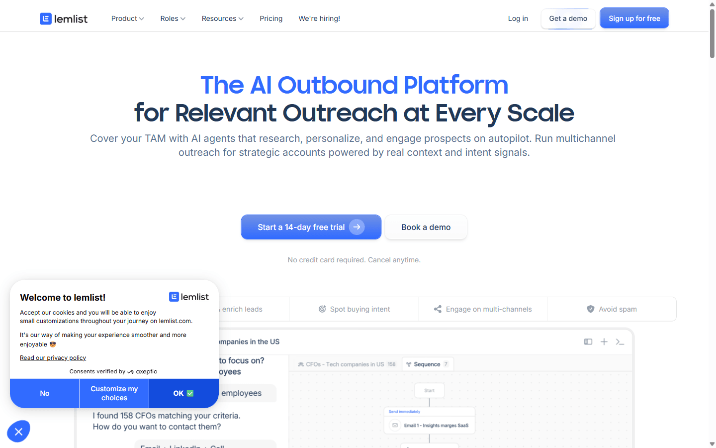 Lemlist homepage marketing the AI outbound platform for relevant outreach at every scale