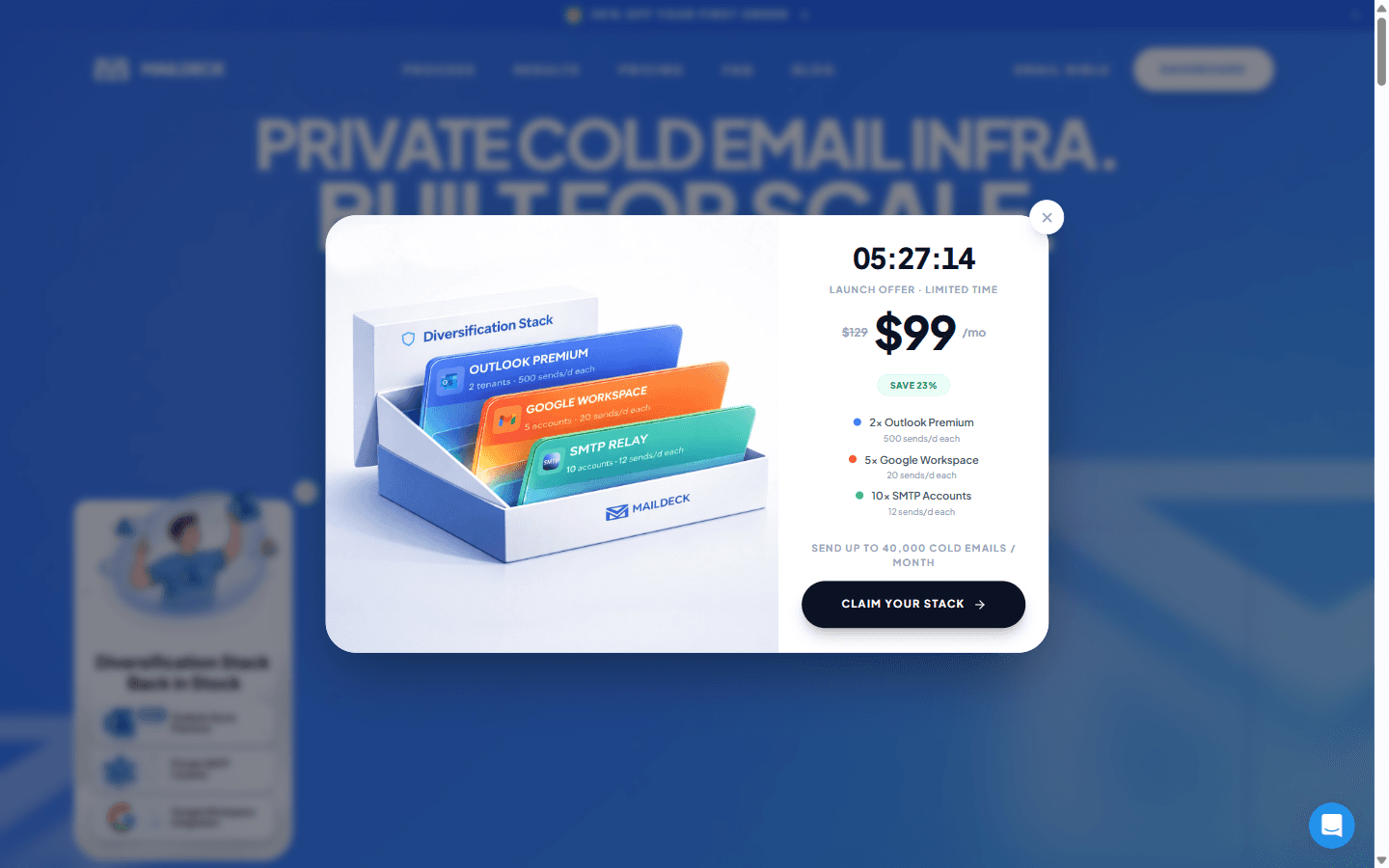 MailDeck homepage advertising scalable email infrastructure across Microsoft 365, Google Workspace and SMTP