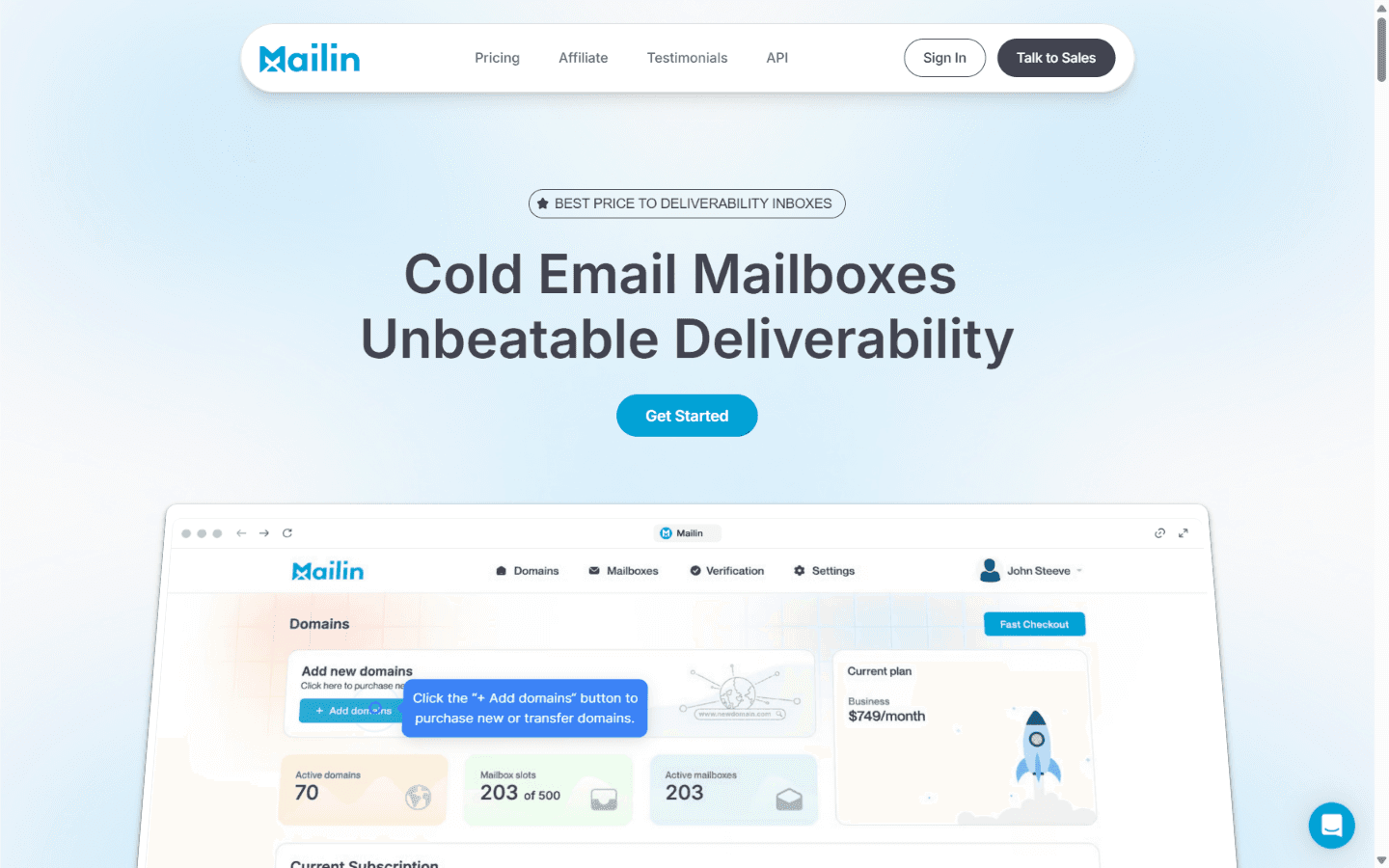 Mailin.ai homepage advertising best-price-to-deliverability email inboxes across SMTP, Google, and Microsoft