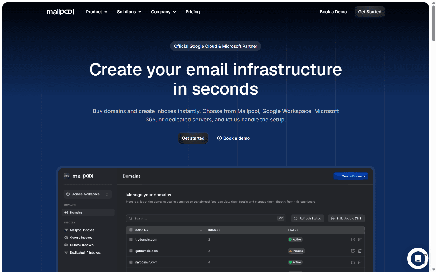 MailPool.ai homepage advertising the ultimate email infrastructure platform with multi-provider inbox creation