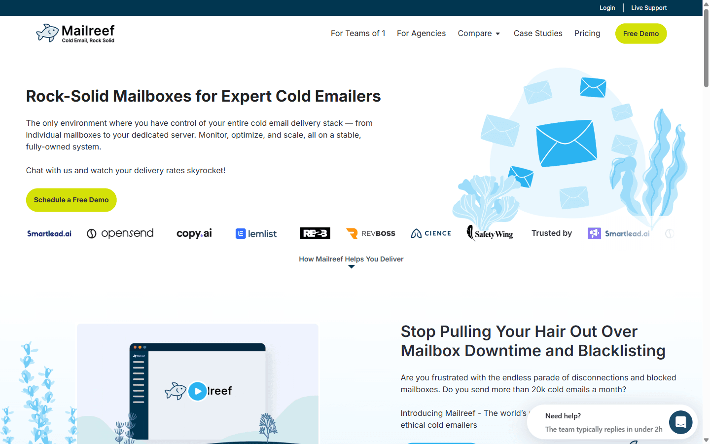 MailReef homepage showing dedicated SMTP email mailbox infrastructure