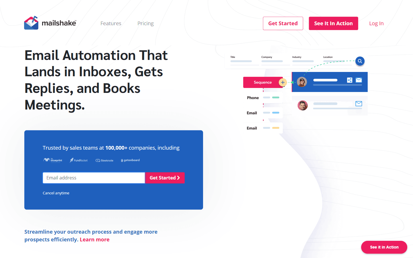 Mailshake homepage as an AI-powered sales engagement and B2B lead platform