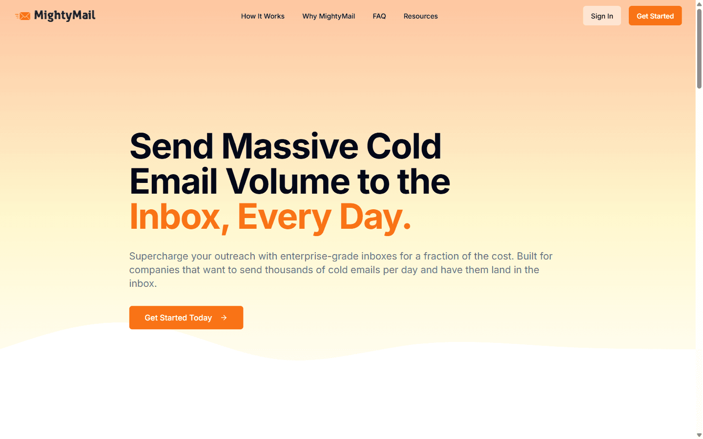 MightyMail homepage advertising enterprise-grade Microsoft Azure Outlook inboxes for high-volume email