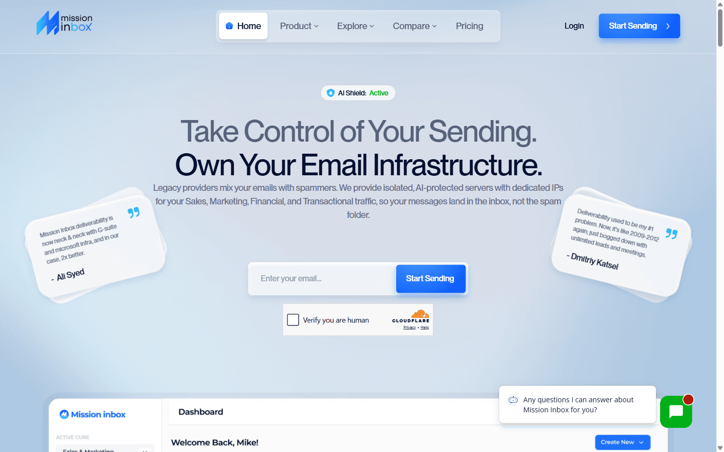 Mission Inbox homepage advertising isolated email infrastructure with dedicated IPs and an AI Pre-send Shield