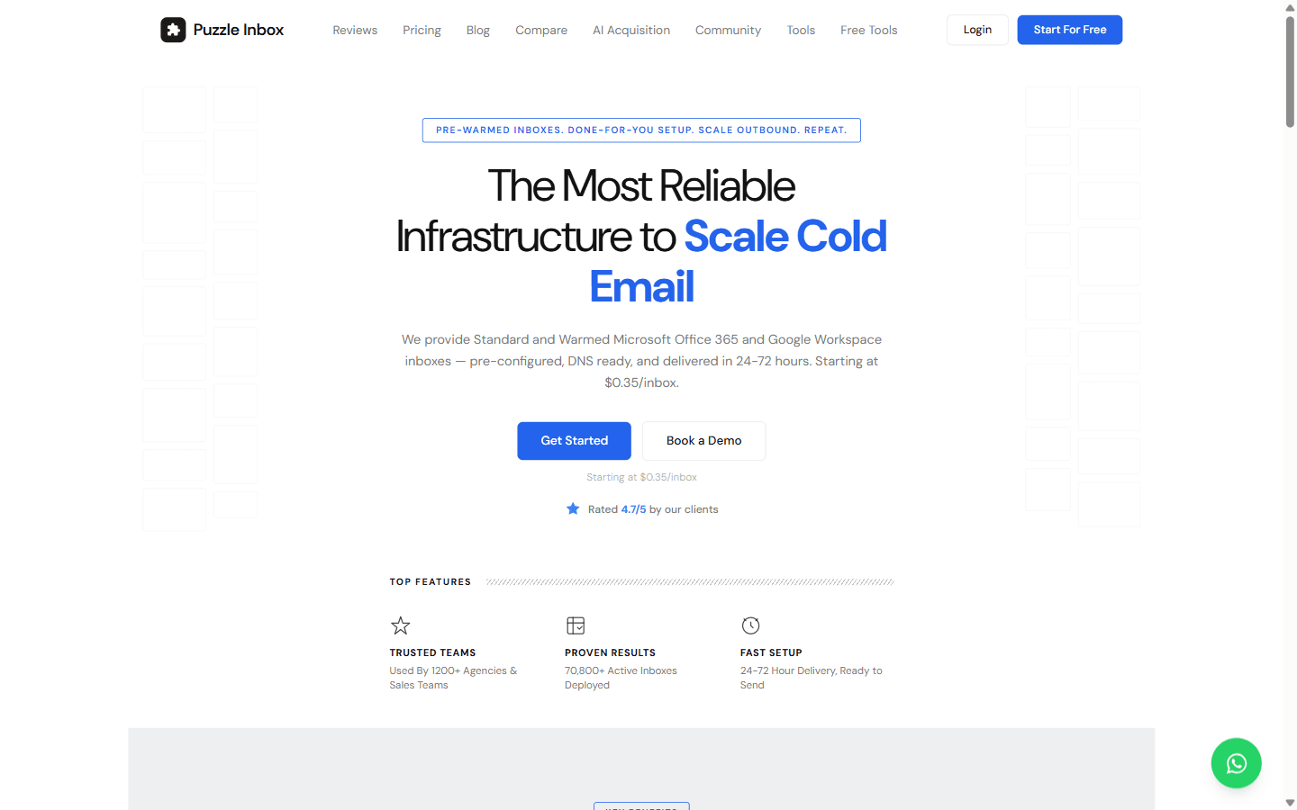 PuzzleInbox homepage showing per-inbox pricing for Google Workspace and Outlook 365 mailboxes