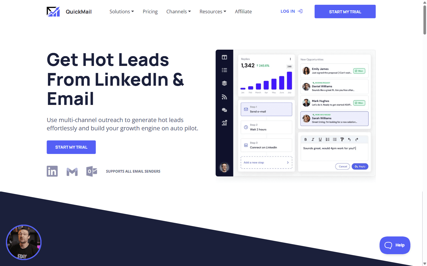 QuickMail homepage advertising LinkedIn and email outreach with unlimited senders
