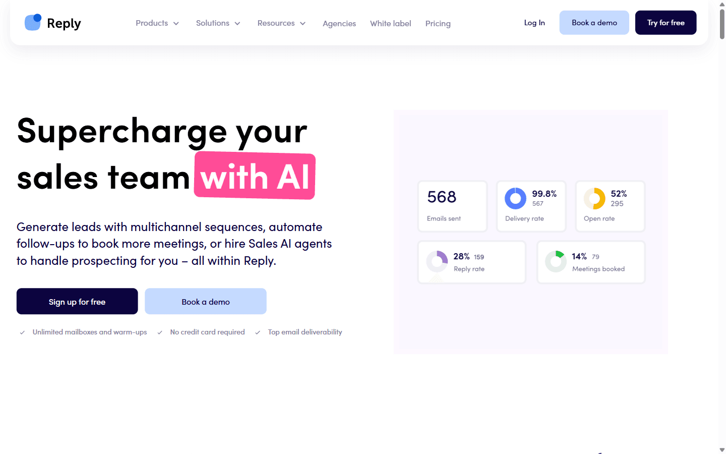 Reply.io homepage positioning the product as an AI sales outreach and email platform