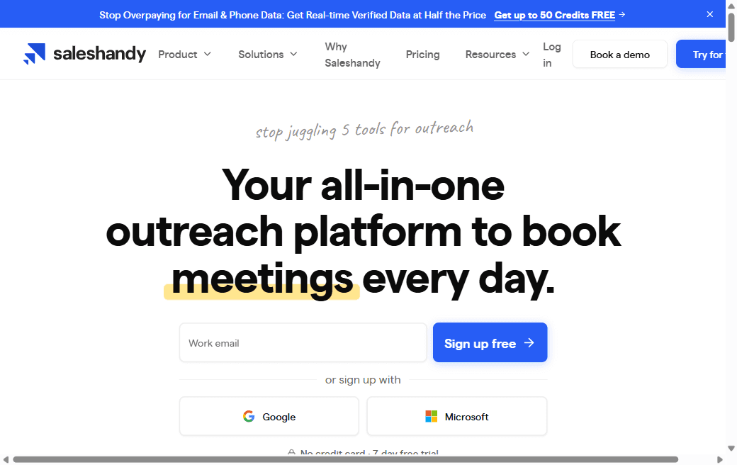 Saleshandy homepage showing an all-in-one cold outreach platform with email and lead finder