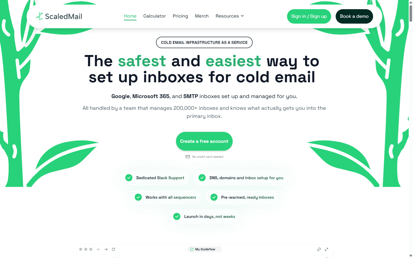 ScaledMail homepage showing fully managed pre-warmed email mailboxes