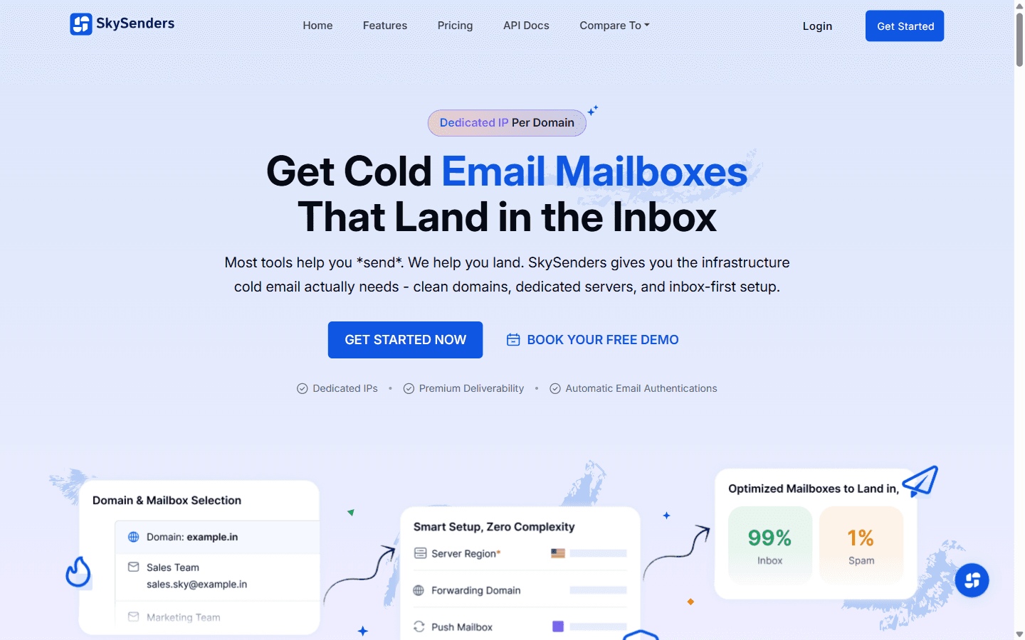 SkySenders homepage advertising an email platform with 99% inbox delivery and dedicated server per domain