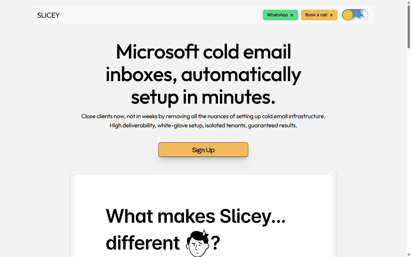 Slicey homepage showing isolated Outlook inbox panels and per-domain email pricing