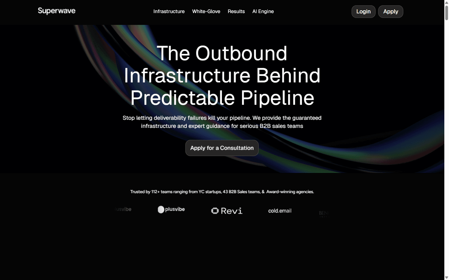 Superwave homepage advertising guaranteed outbound infrastructure with an apply-for-consultation model