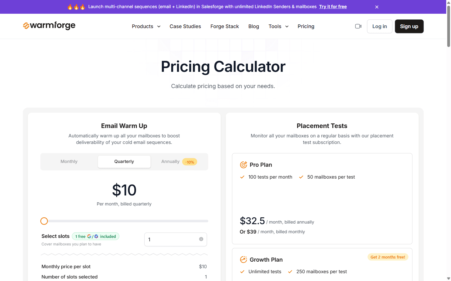 WarmForge pricing page showing per-slot warmup pricing and placement test tiers