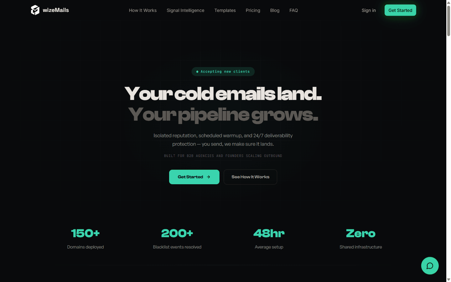 wizeMails homepage advertising managed and protected email deliverability with the Signal Intelligence Engine
