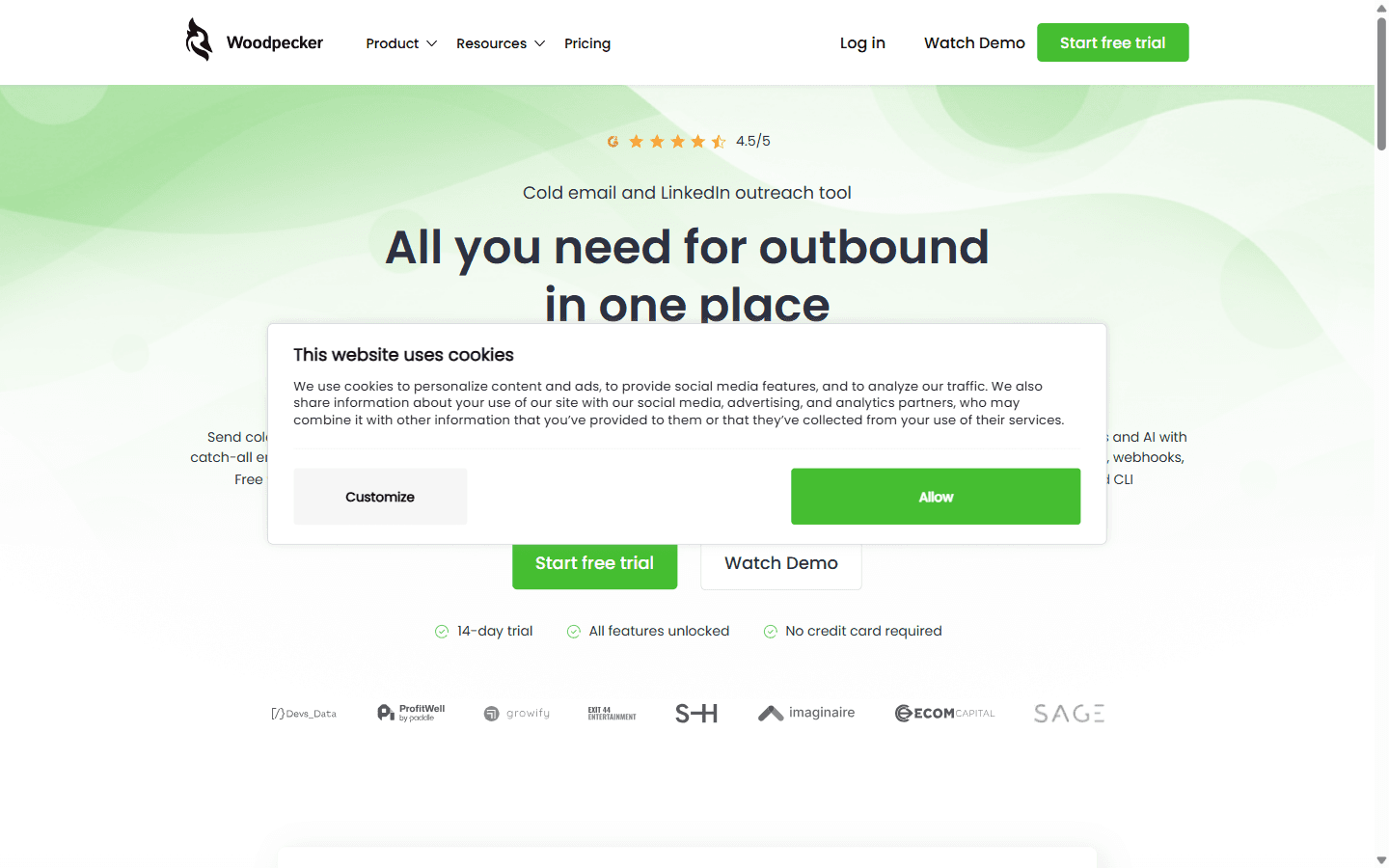 Woodpecker homepage advertising email, sales, and agency outreach tools