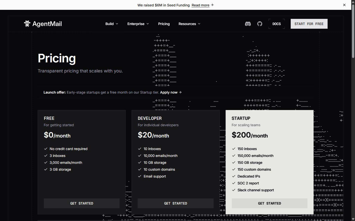 AgentMail pricing page showing Free, Developer, and Startup plans