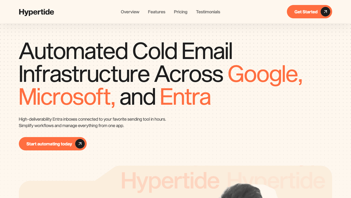 Hypertide homepage showing cold email mailbox provisioning service