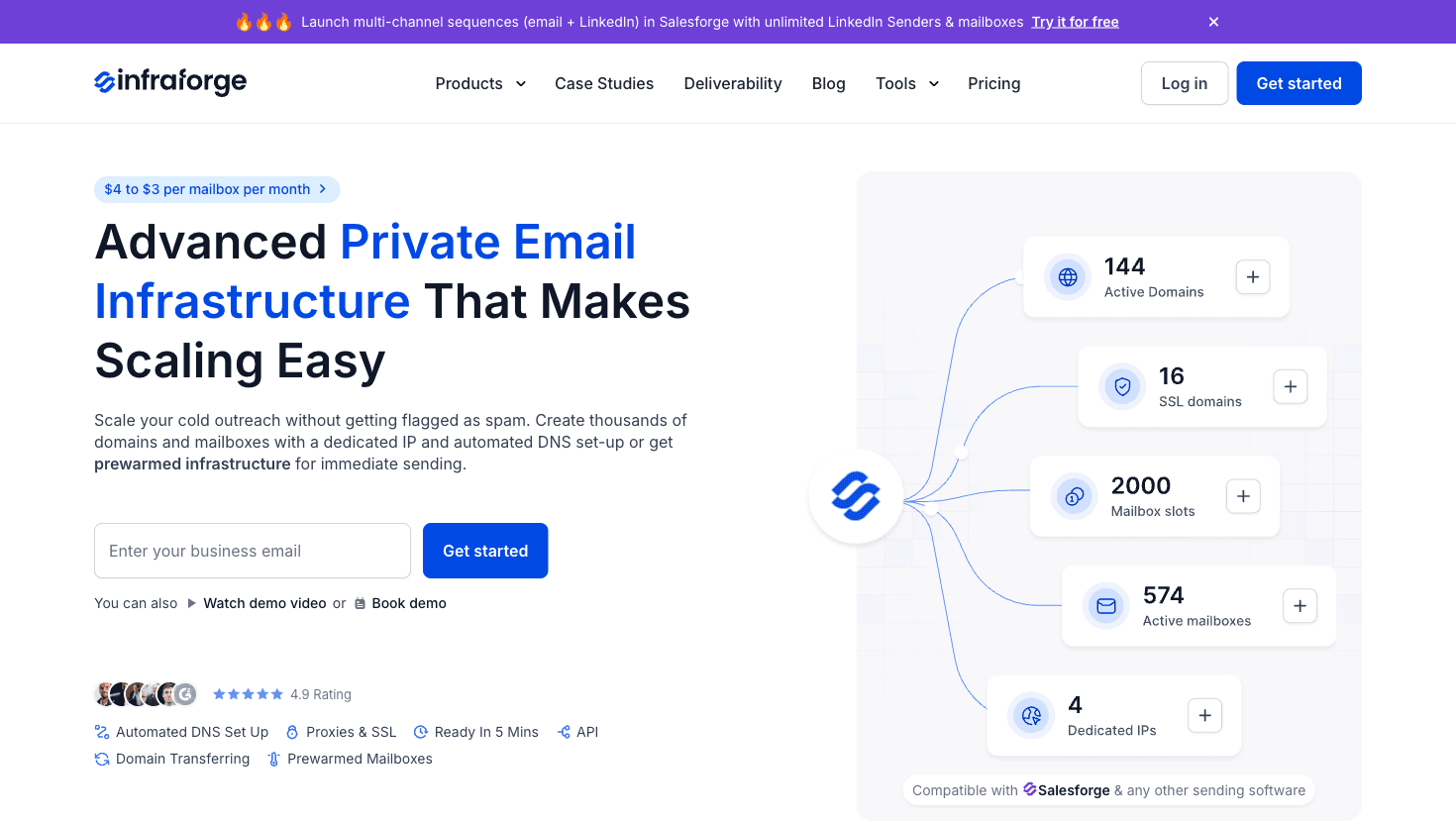 Infraforge homepage showing shared IP email infrastructure service