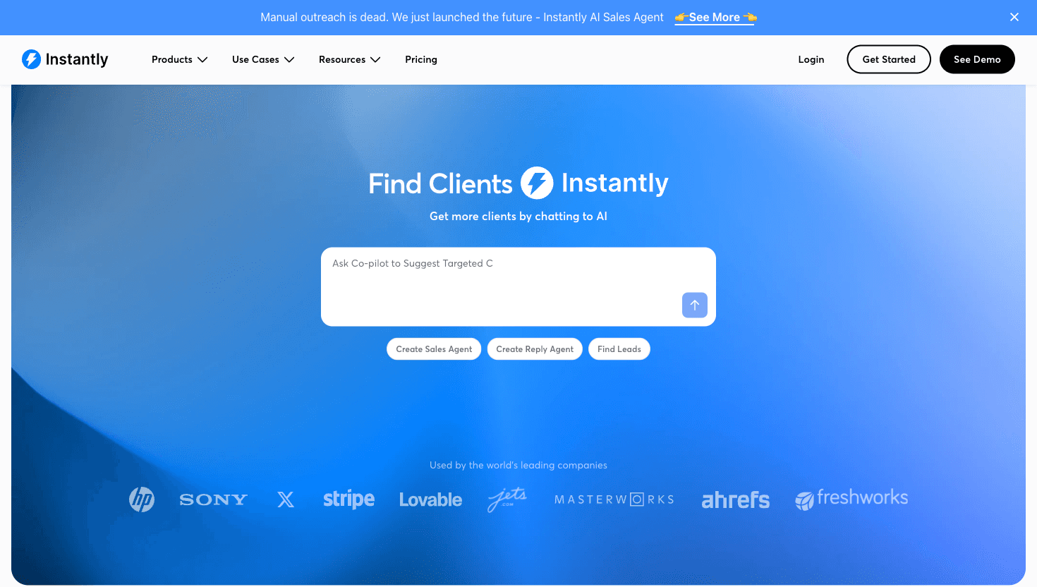 Instantly homepage showing the cold email platform with lead database