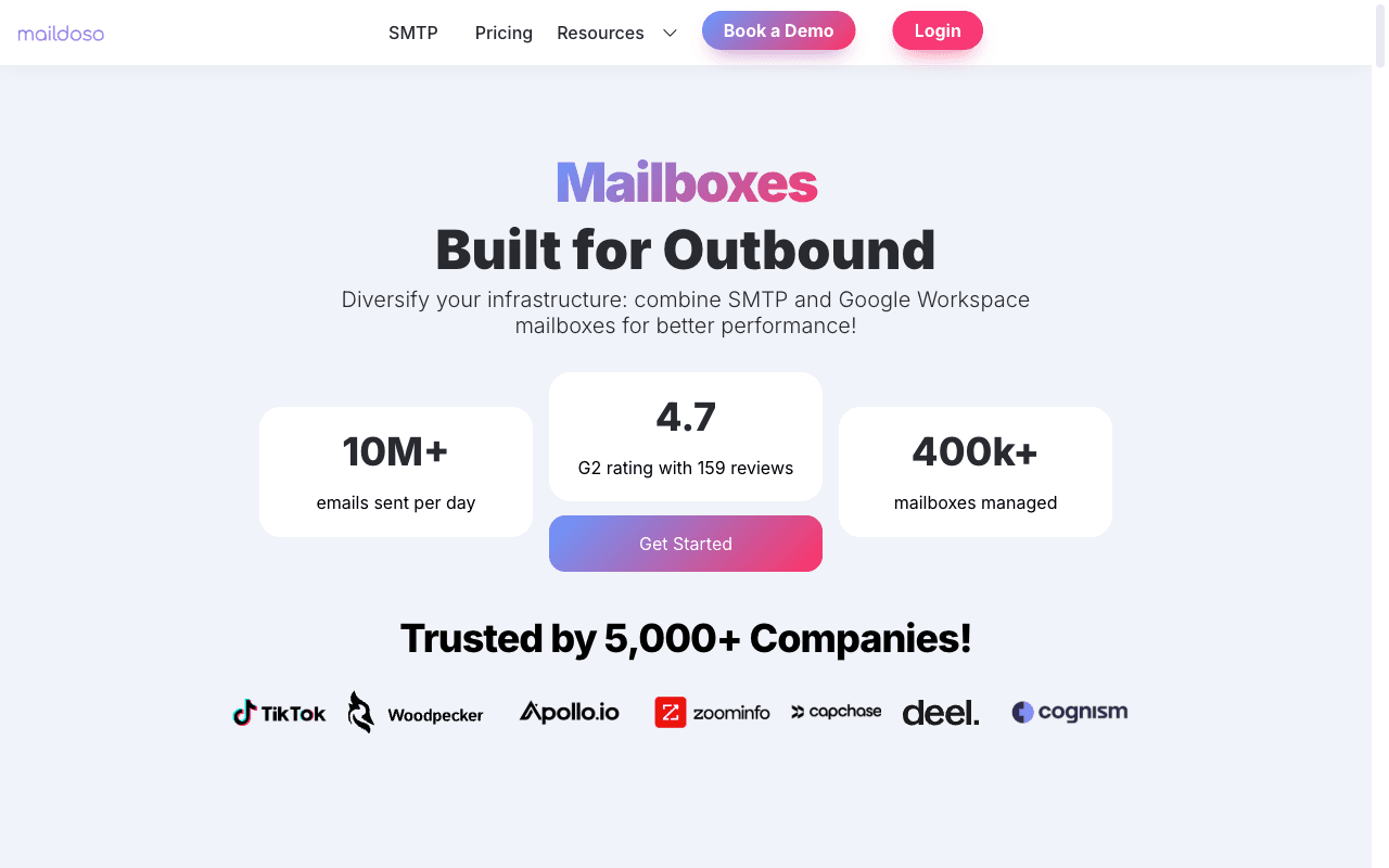 Maildoso homepage showing SMTP and Google Workspace mailbox infrastructure