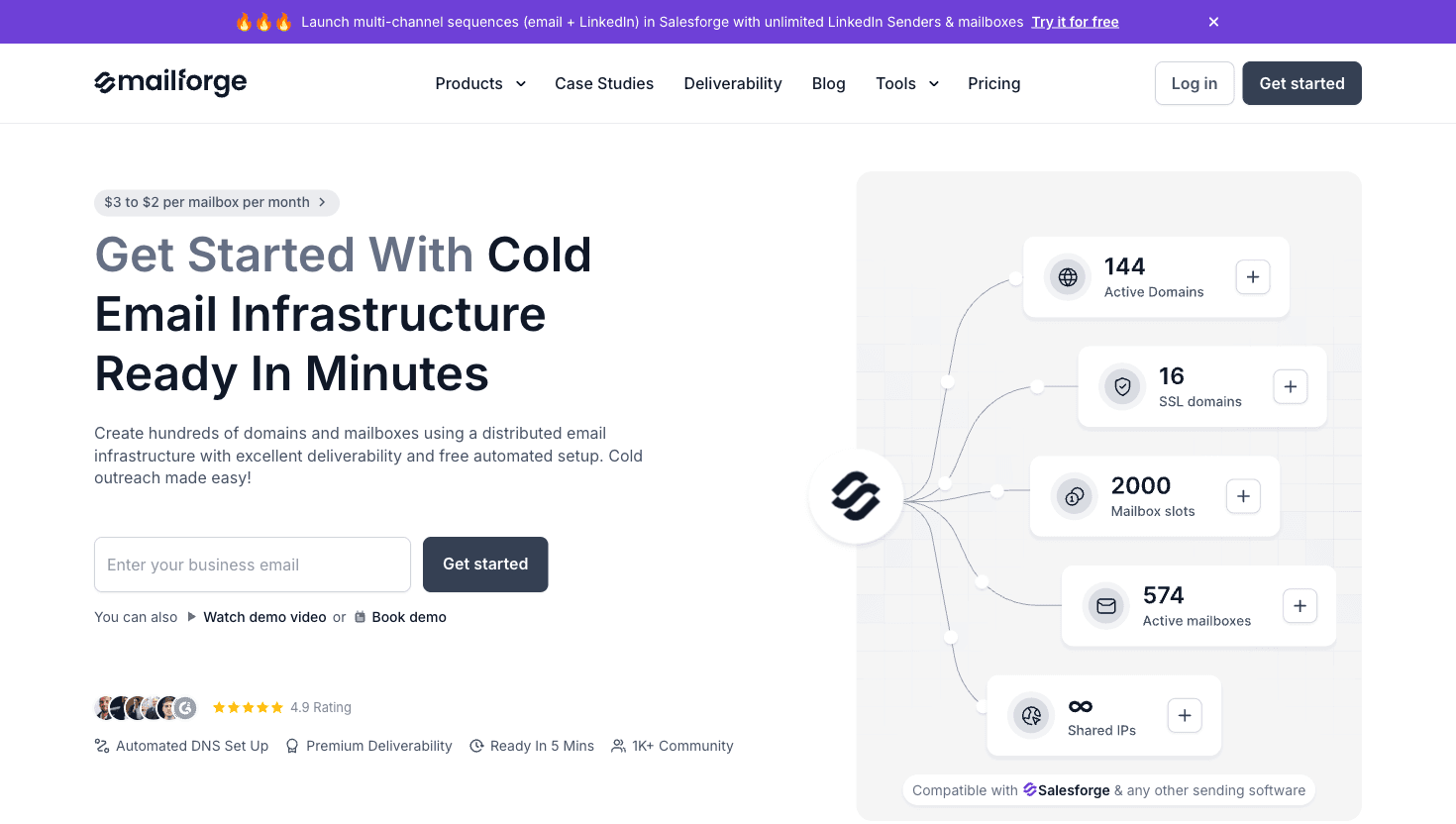 Mailforge homepage advertising shared IP cold email infrastructure