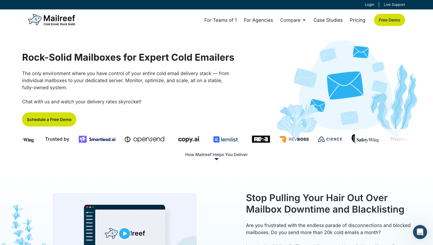 Mailreef homepage showing cold email infrastructure service