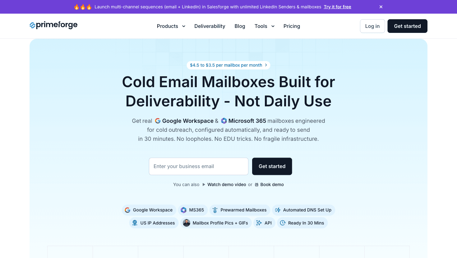 Primeforge homepage showing real Google Workspace and Microsoft 365 mailbox infrastructure