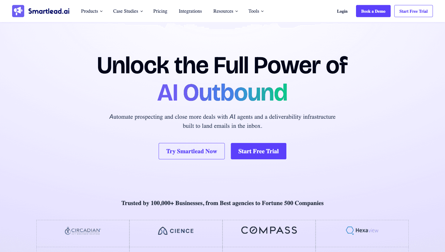 Smartlead homepage showing the AI cold outreach platform