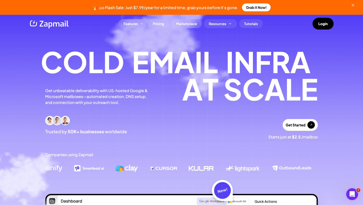 Zapmail homepage advertising pre-warmed Google Workspace mailboxes