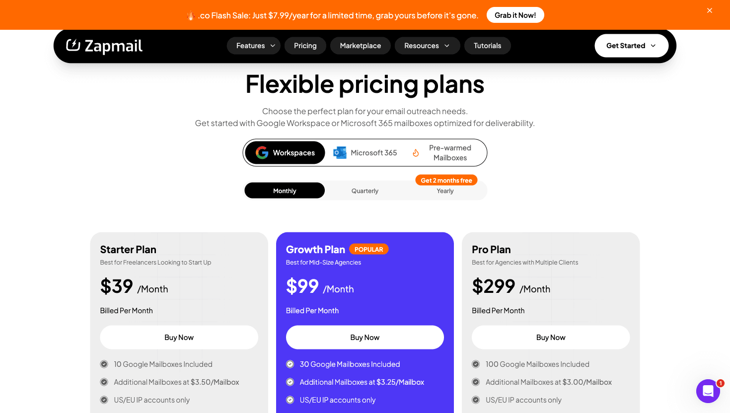 Zapmail pricing page showing Starter, Growth, and Pro plans
