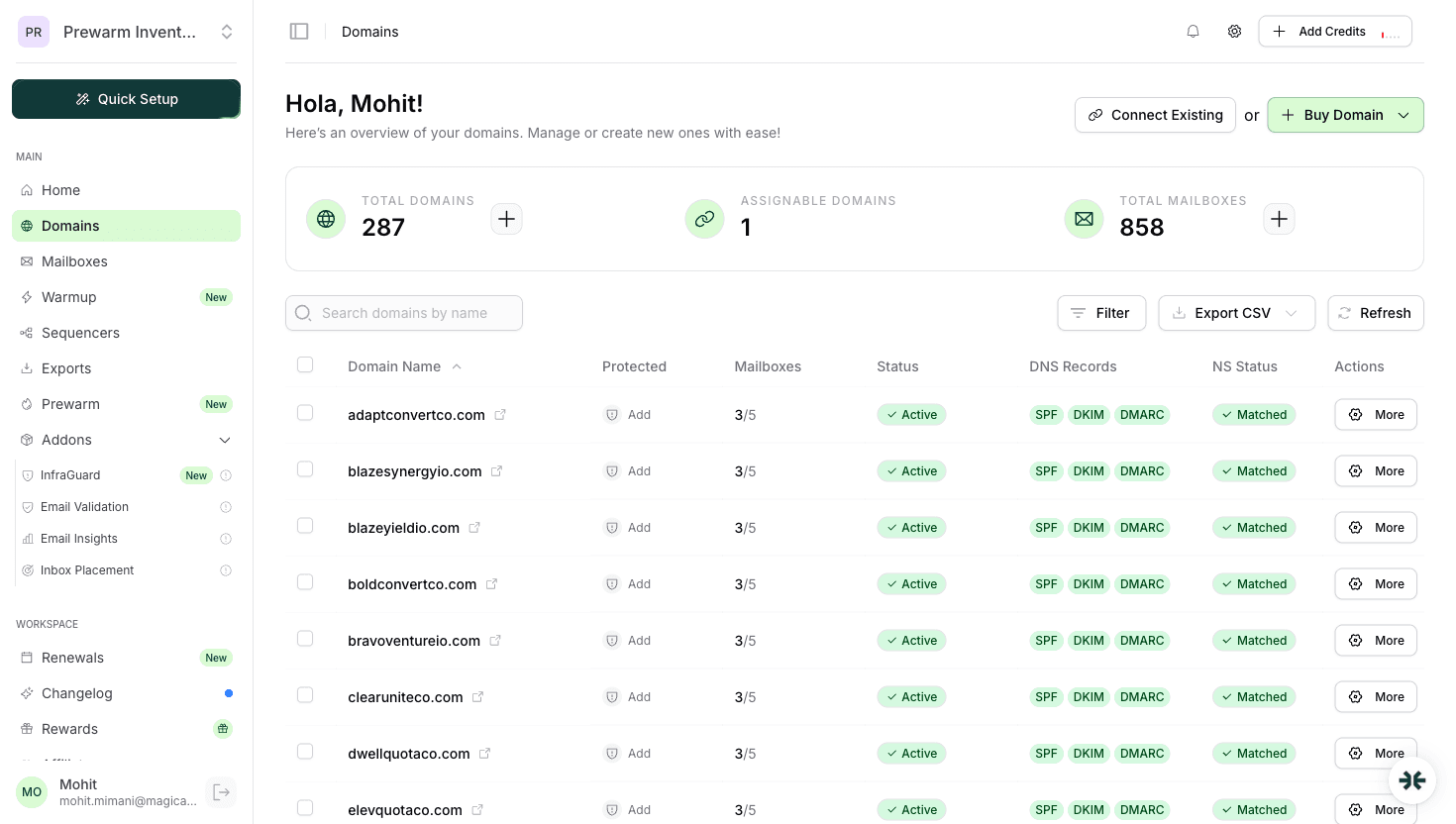 InboxKit domains page with DNS status indicators for SPF, DKIM and DMARC