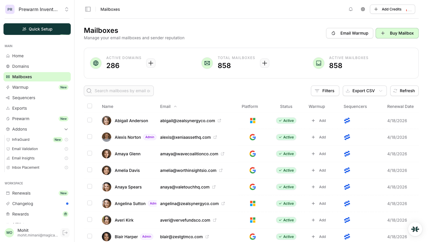 InboxKit mailbox list with US-IP Google Workspace