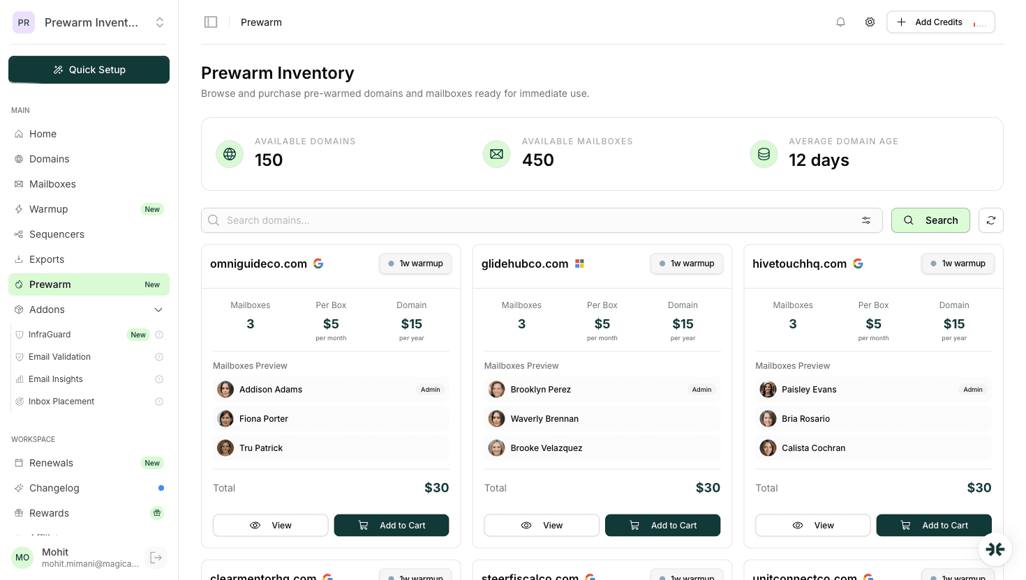 InboxKit pre-warm dashboard for cold email senders reaching Indian recipients
