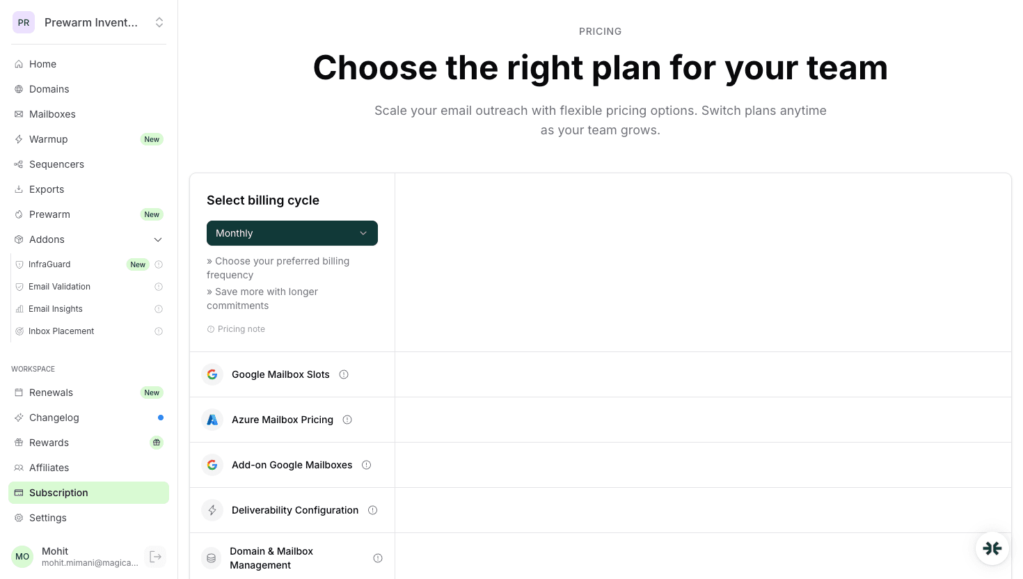 InboxKit subscription pricing page