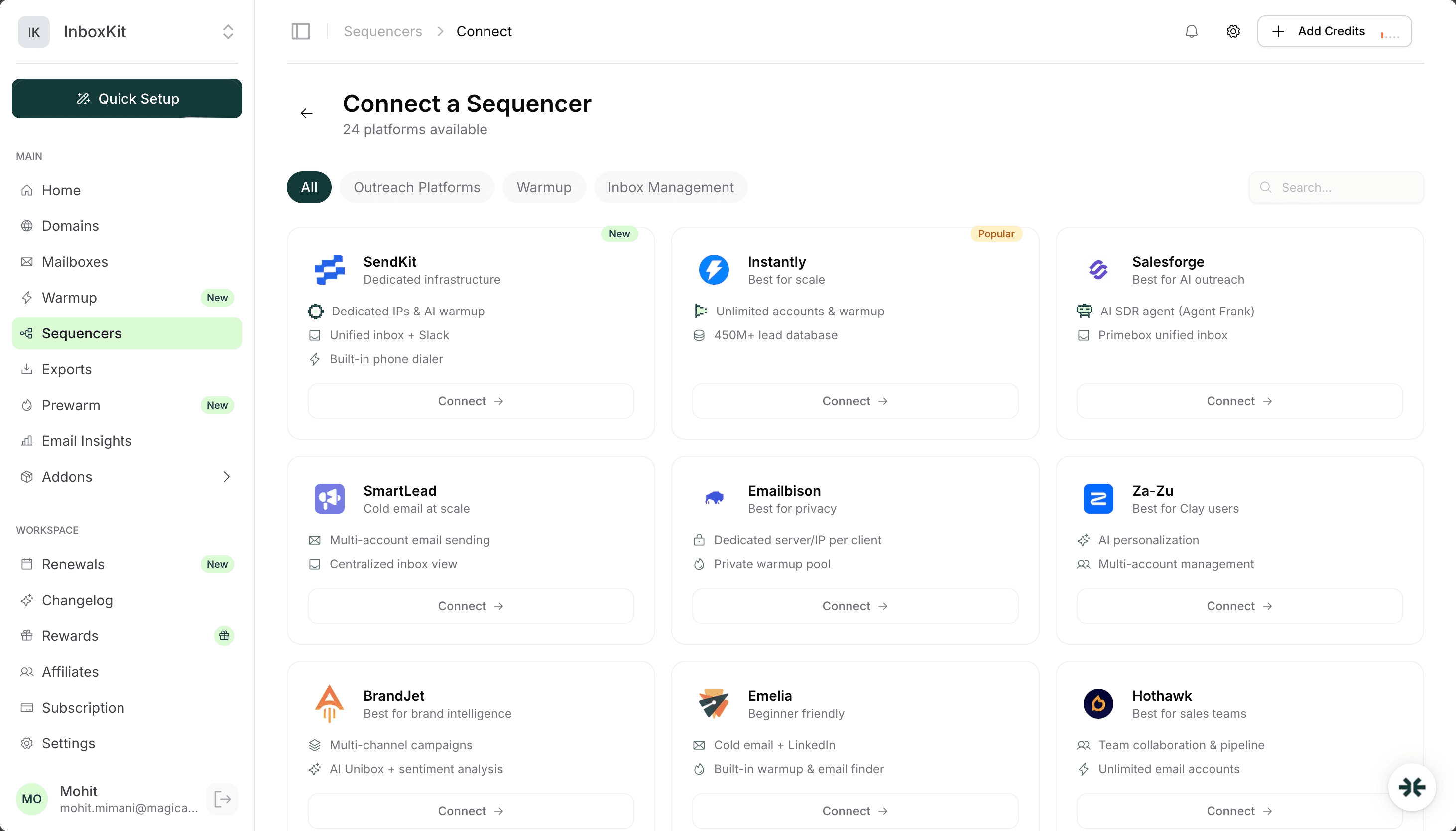 InboxKit Sequencers page with Hothawk connected
