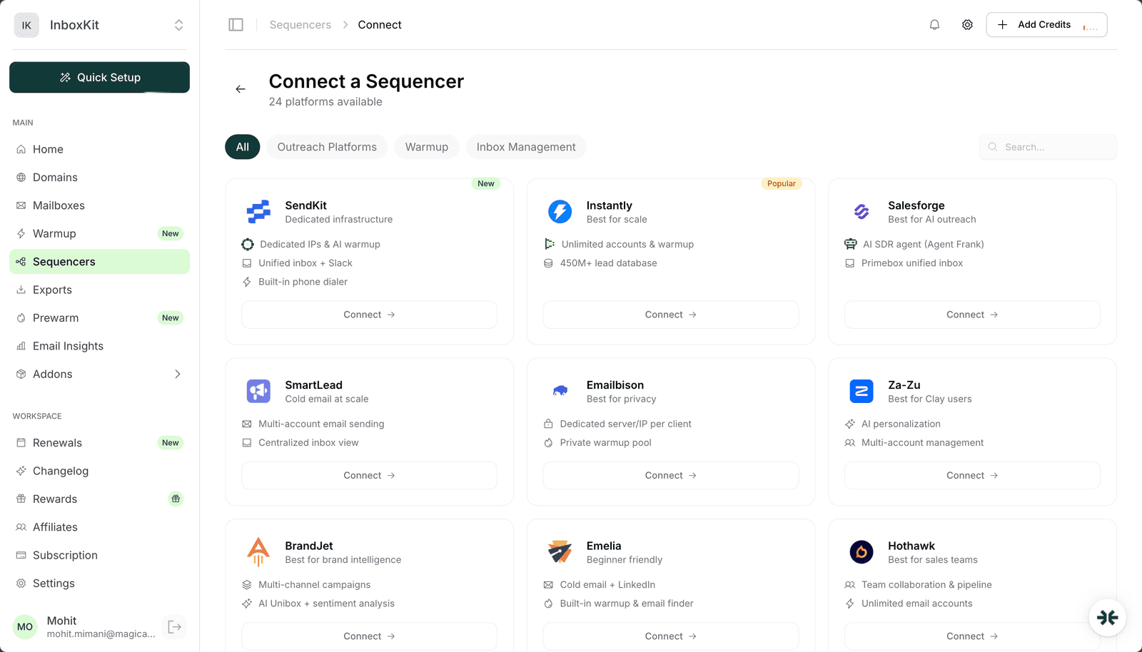 InboxKit Sequencers page with Salesforge connected